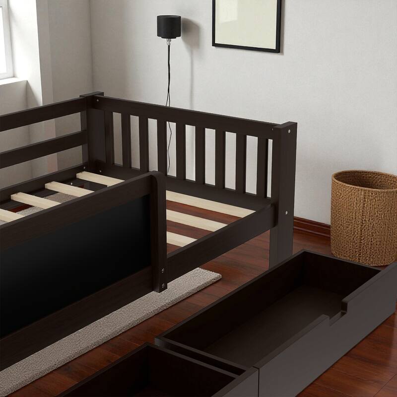 Twin/Full Solid Wood Platform Bed with Chalkboard Headboard, Storage Drawers and Shelves, Space-Saving Kids Bed