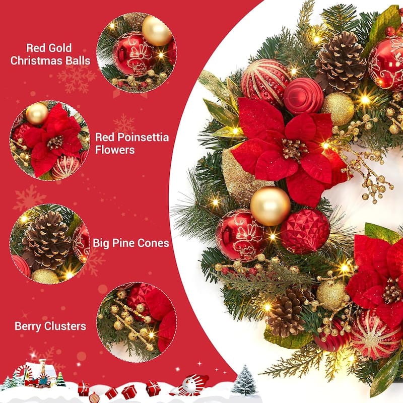 24 Inch Christmas Wreath with Lights for Front Door Wall Decor - N/A