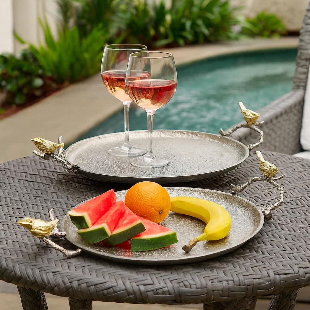 21 Inch Decorative Tray Set of 2, Perched Birds Silver Metal, Large