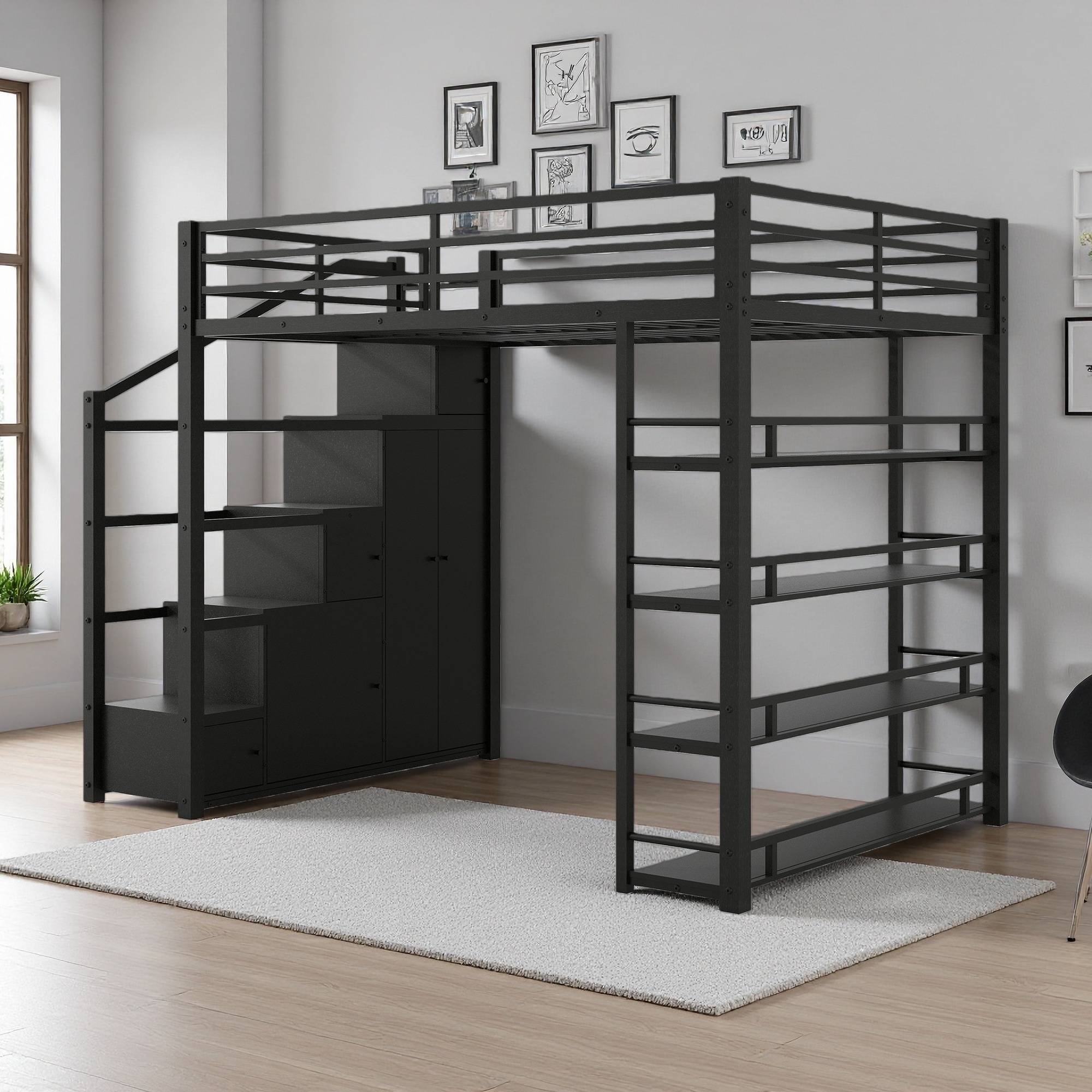 Full Size Metal Loft Bed with Wardrobe, Storage Staircase, Shelves and Cabinet