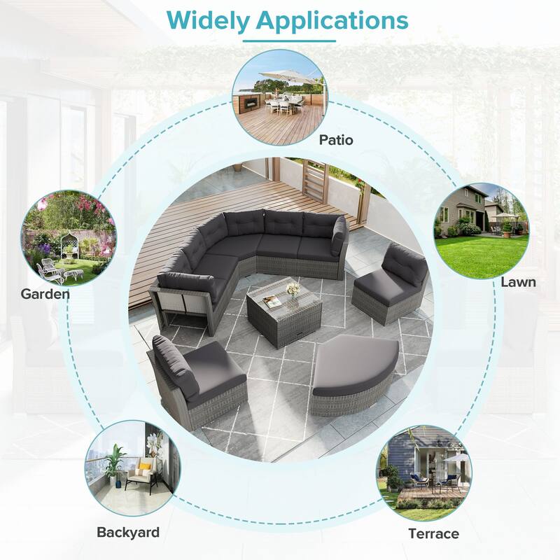 Roomfitters Outdoor Rattan Sectional Daybed Furniture Set with Cushions & Center Table for Patio