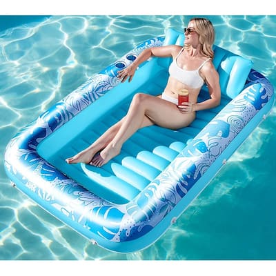 Inflatable Tanning Pool Lounger Float for Adults, 70" x 46" Large Suntan Tub (L-Blue).