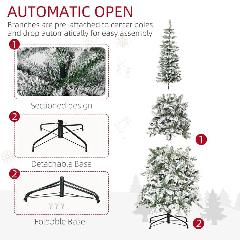 HOMCOM Unlit Snow-Flocked Slim Pine Tree - Realistic Branches - Green