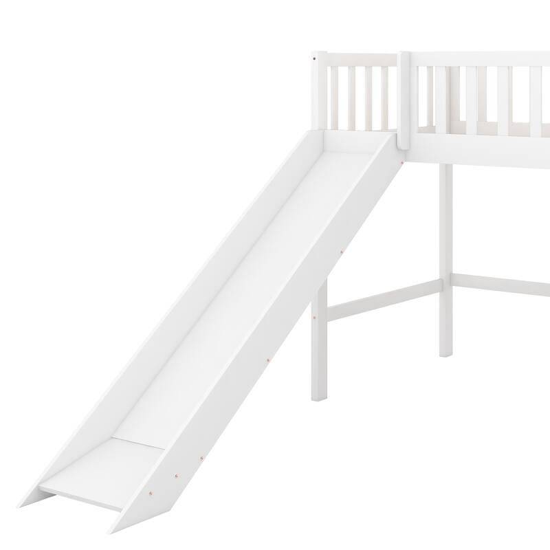 Low Loft Bed with Ladder and Slide, Solid Wood Loft Bed Frame with Full-Length Guardrail for Boys or Girls, No Box Spring Needed
