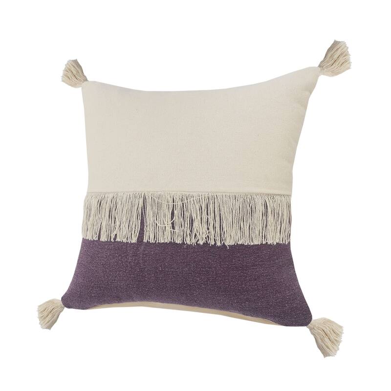 20" Purple and White Fringe Color Block Square Throw Pillow