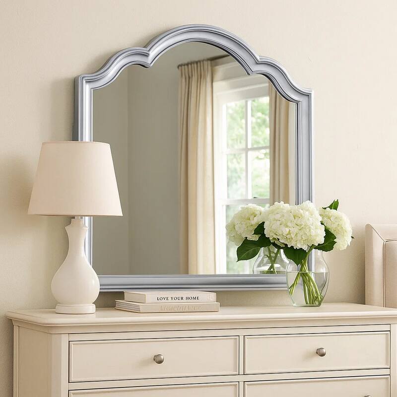 Eleena Dresser Mirror, Beveled Glass, Silver Solid Wood Frame, 41x42
