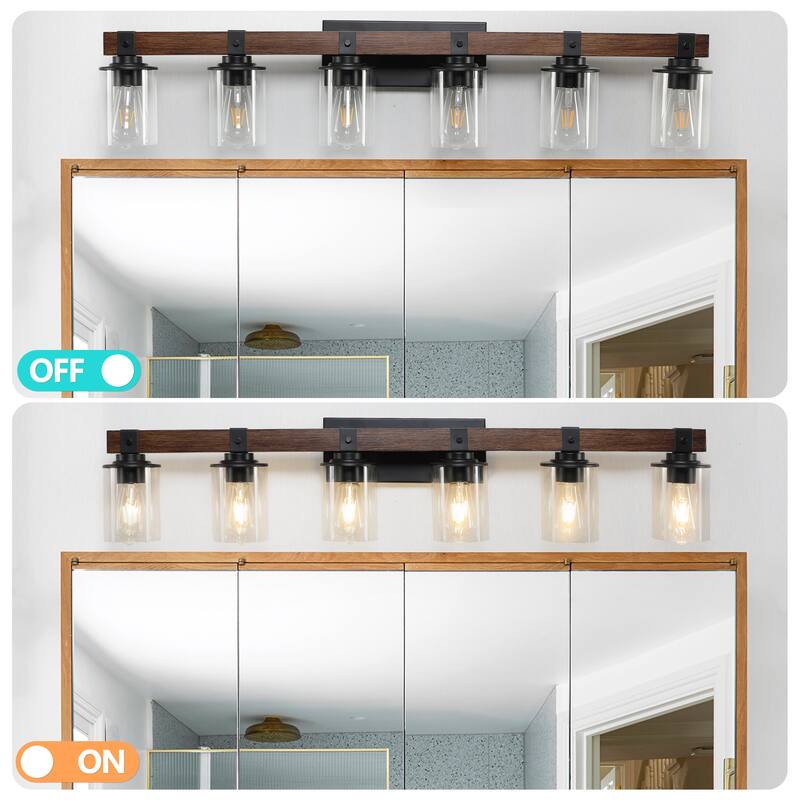 42" Rustic 6-Light Vanity Light, Industrial Bathroom Wall Sconce with Glass Shades and Wood Accent (No Bulbs) - Walnut