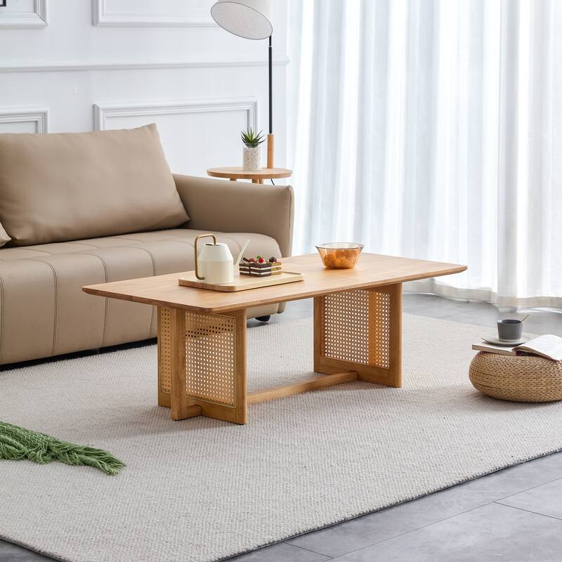 Chinese Log Style Imitation Rattan Walnut Color Coffee Table Rectangular Solid Wood Coffee Low Table, for Living Room Office - Beige