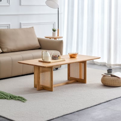Roomfitters Rectangular Solid Wood Tea Table with Rattan Accents, Chinese Style Log-Inspired Coffee Table for Small Spaces