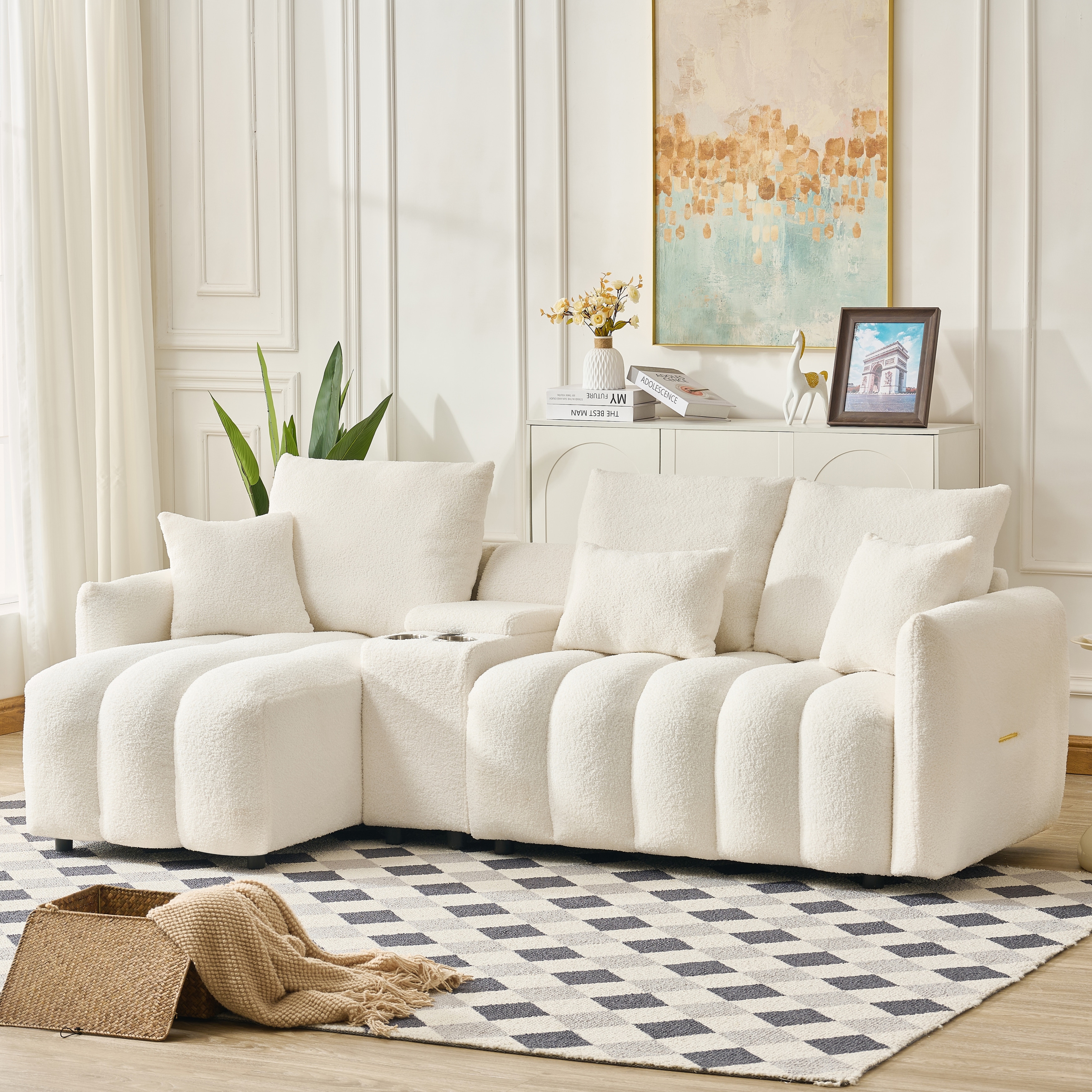 High-Quality Teddy Fur Fabric Corner Sofa With USB Port Center Console