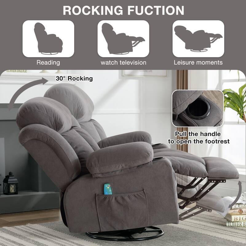 Swinging Recliner Massage Heated Sofa with USB, Cup Holders, Side Pockets, Eight Acupoint Massage