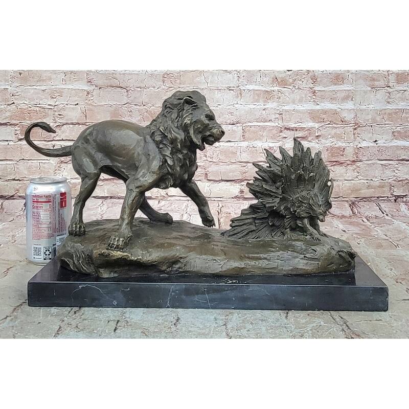Imitative Lion Vs. Porcupine Bronze Statue Sculpture Wildlife Art Decor On Marble Base