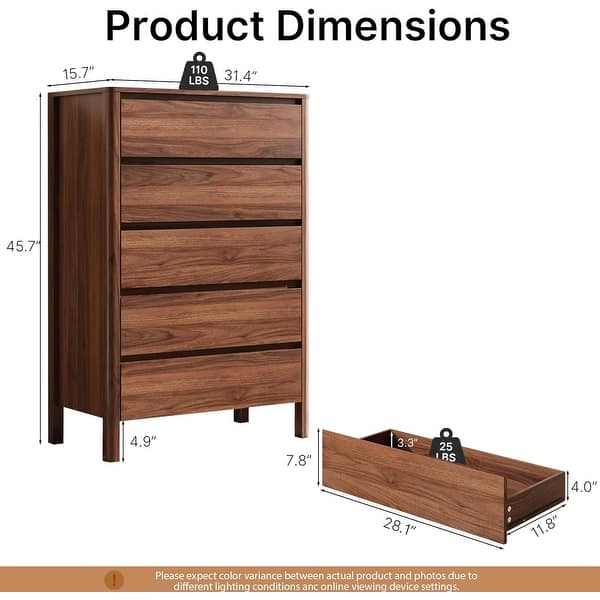 dimension image slide 2 of 7, FURNIWAY Walnut Drawer Tall Dresser, Modern Chest with Hidden Handles, Storage Organizer
