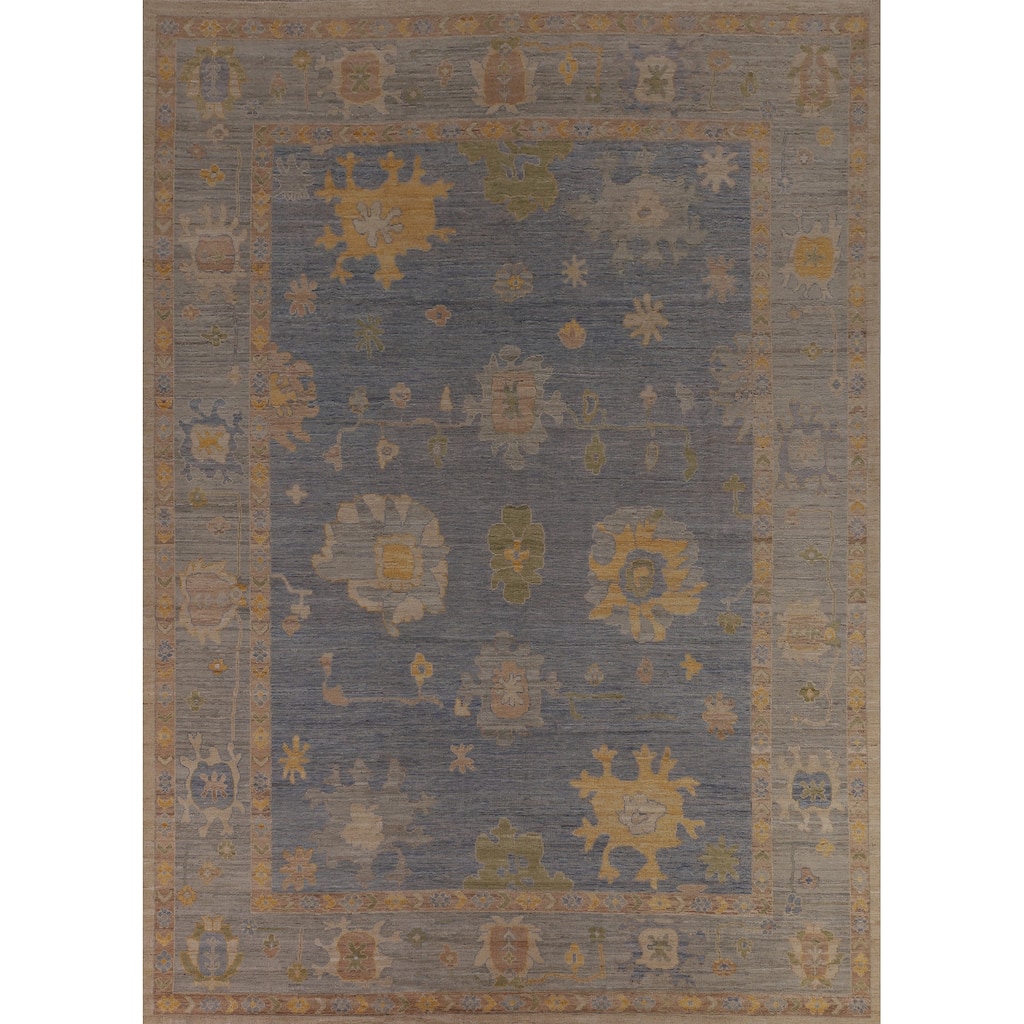 Blue Vegetable Dye Oushak Turkish Area Rug Hand-Knotted Wool Carpet - 9'6"x 12'1"