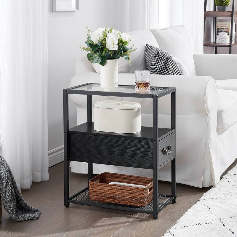 VECELO (Set of 2) 1-Drawer Modern Nightstands with Glass Top