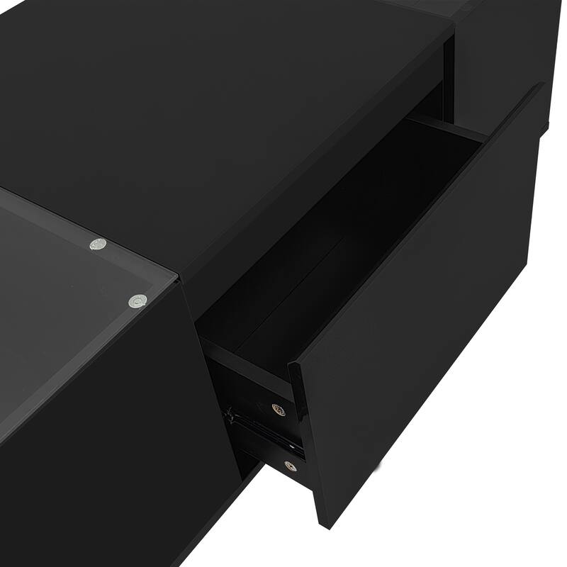 LED Coffee Table with 2 Drawers, Rectangle High Gloss Center Table, Modern Glass Tabletop Storage Table for Living Room