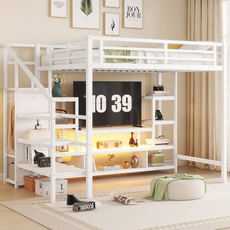 Full Size Metal Loft Bed with TV Cabinet, Staircase, Wardrobe, and LED Light Strip, White