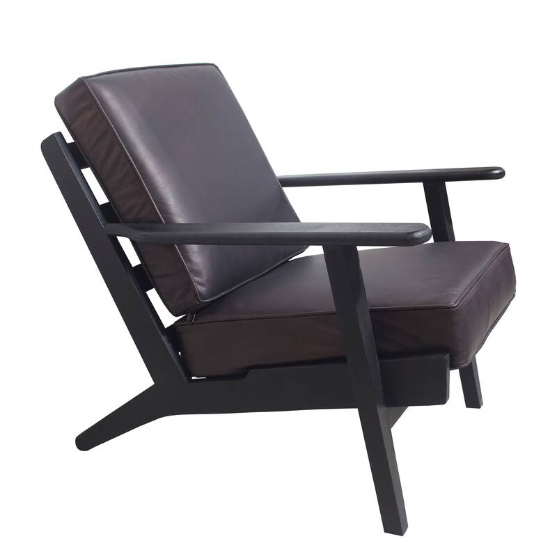 Amber Accent Chair, Handcrafted Slatted Mango Wood, Buffalo Leather Cushions, Angled Legs