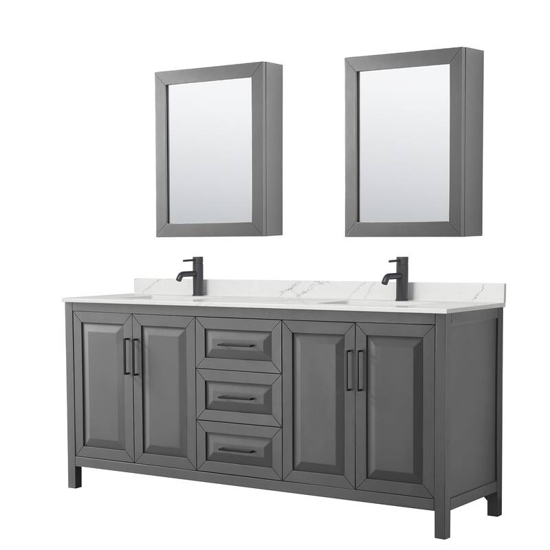 Daria 80-inch Double Vanity, Single Hole Quartz Top, Med Cabinets - Dark Gray, Black Trim, Giotto Quartz Top