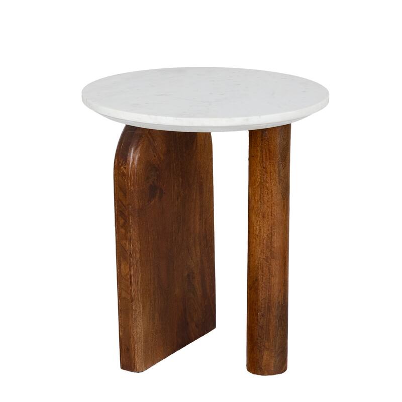 Modern Round Side Table with Banswara Marble Top & Stained Mango Wood Base - Elegant Accent Table