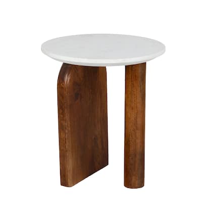 Modern Round Side Table with Banswara Marble Top & Stained Mango Wood Base - Elegant Accent Table