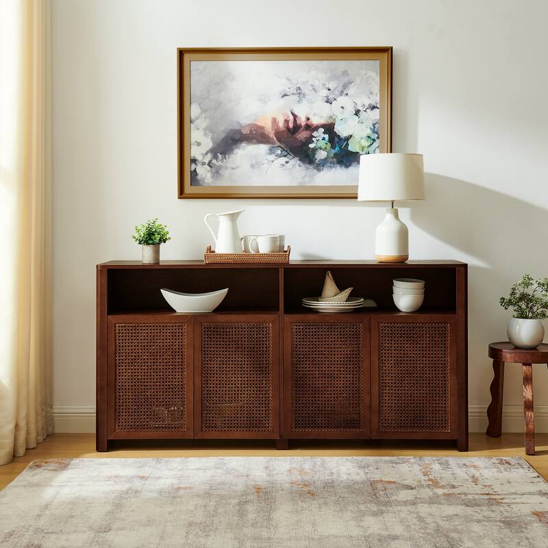 63" Modern Rattan Sideboard Buffet Cabinet with Storage and Open Shelf