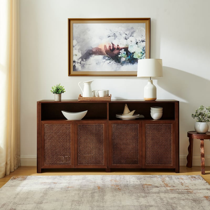 Roomfitters Rattan Sideboard Buffet Cabinet, Mid Century Modern Storage Credenza, Large Media Console Table