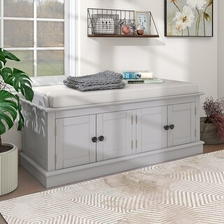 Storage Bench with 4 Doors and Adjustable Shelves, Shoe Bench with Removable Cushion for Living Room, Entryway