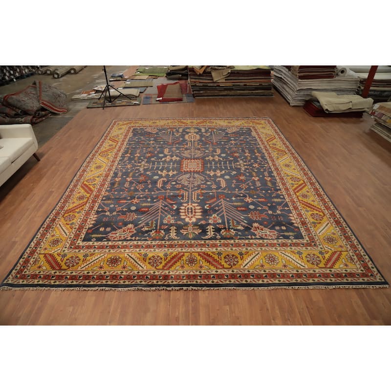 Hand Knotted Oriental 100% Wool Carpet Transitional All-Over Navy Blue & Blues Oushak Area Rug - 14' 11'' X 12' 0''