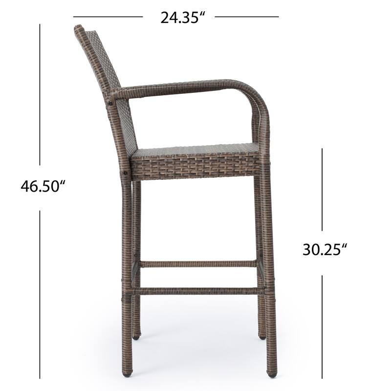 Outdoor Patio Wicker Barstool, High Back Bar Chair with Arm and Footstool High Chair, Entertainment Barstool Set (Set of 2)