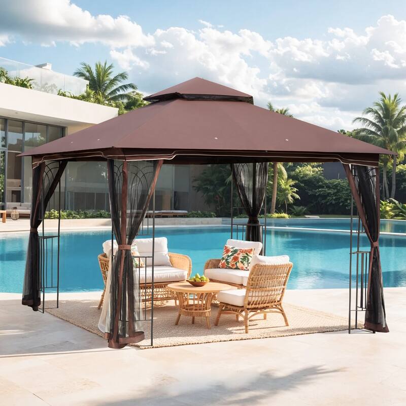 9'X9' Outdoor Steel Gazebo, Double Roof Patio Canopy with Netting, Curtains & Hanging Hooks for Backyard Deck Garden - Light Taupe