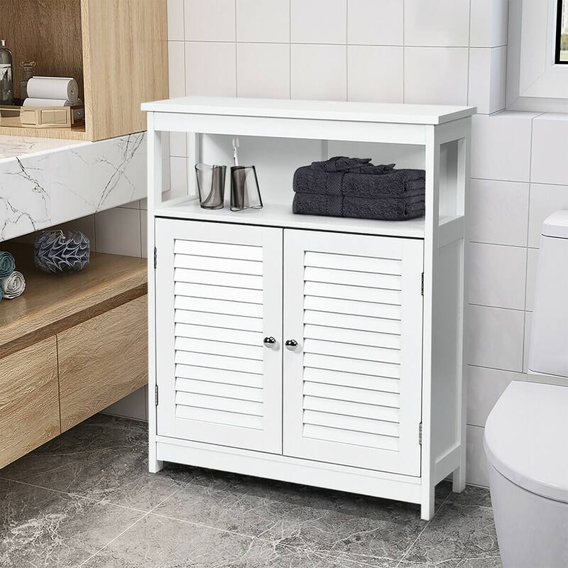 Costway Bathroom Storage Wood Floor Cabinet with Double Shutter Door