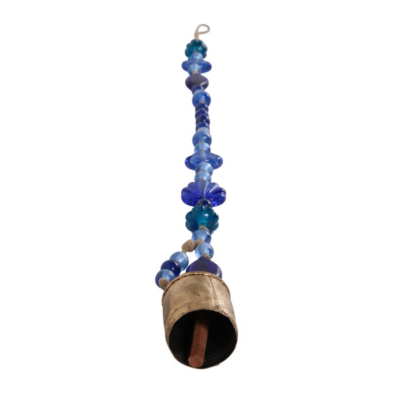 Glass Metal Wood Windchime Jute Beads Bell - 35" Gold/Blue - 2.5" x 2.5" x 35"