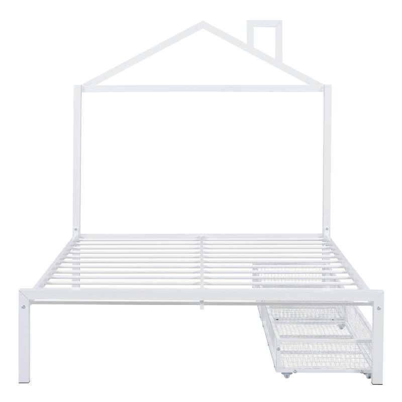 Artistic Metal Full Platform Bed with Storage Drawers, House-Shaped Frame for Kids