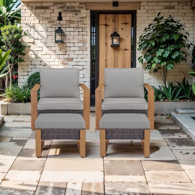 Pocassy Outdoor Patio Chairs Set for Garden Yards - 4 Pieces Swivel Chairs w/ Ottoman - Brown Wicker Gray Cushion