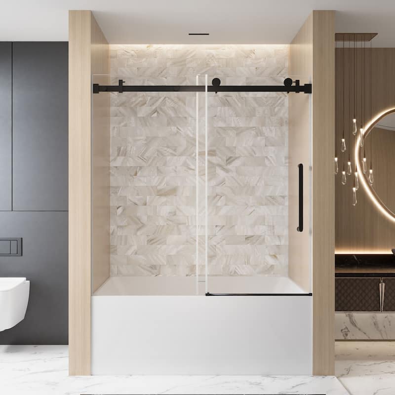 60 "W x 60" H Frameless Single Sliding Shower Door with Stainless Steel Handle - 60'' x 0.38'' x 60'' - Matt Black