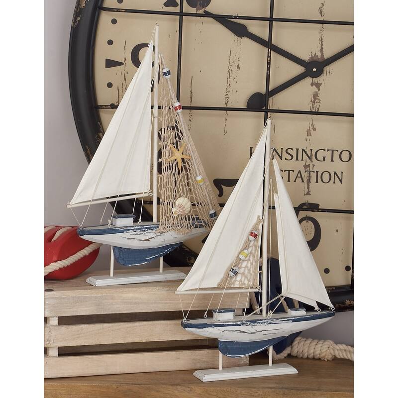 White Wood Handmade Sail Boat Decorative Sculpture (Set of 2) - White