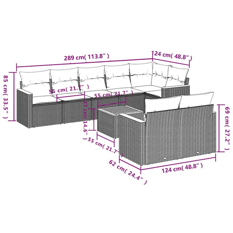 vidaXL Patio Sofa Set with Cushions Outdoor Conversation Furniture Poly Rattan - 24.4x 24.4x 27.2
