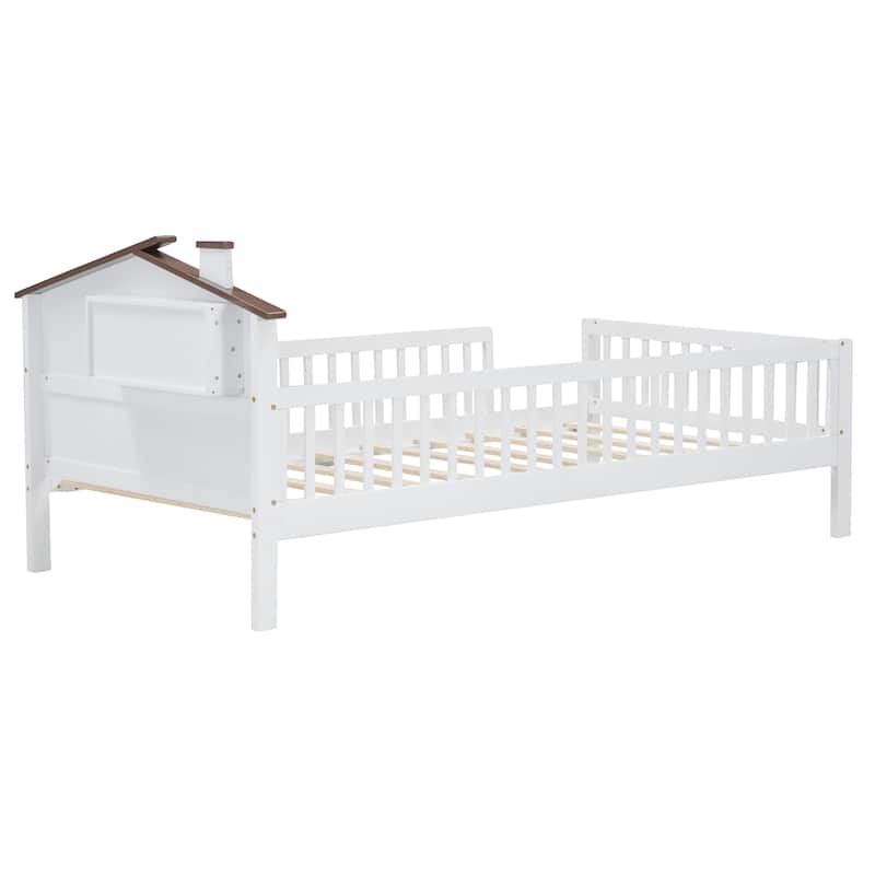 Twin Size Platform Bed with LED-Lit House Headboard, Built-in Storage Nook and Guardrails