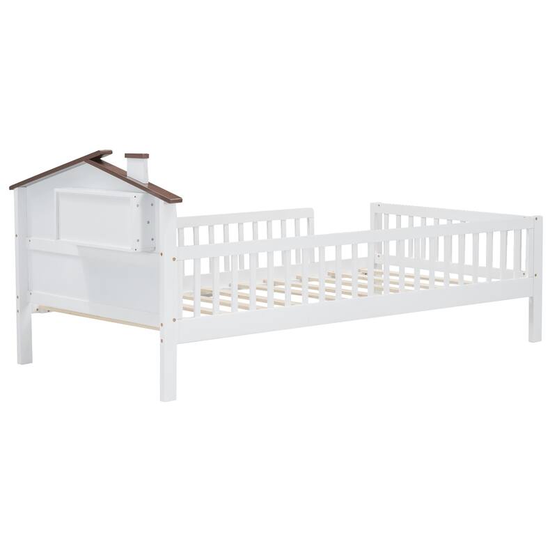 Twin Size Wood Platform Bed with House-shaped Headboard, LED and Built-in Storage