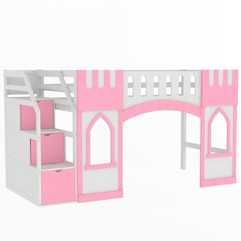 Pink Twin Size Loft Bed with Storage Staircase and Window