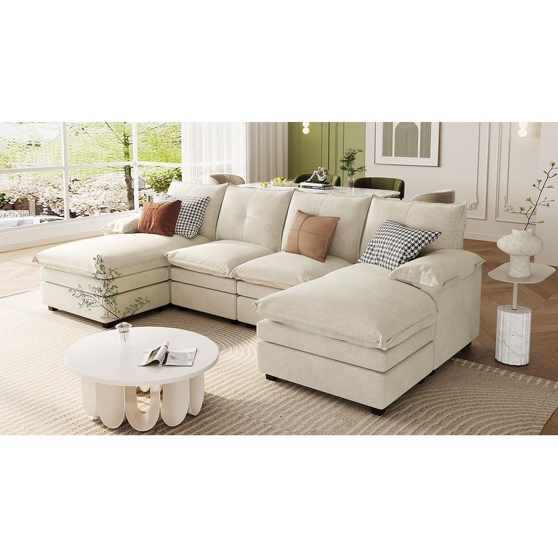 U-Shaped Chenille Sectional Sofa, Beige, Polyester, 115x54x36 inches, 184 lbs