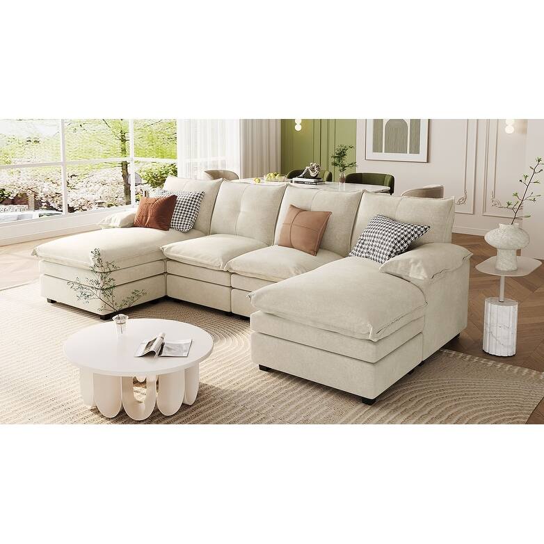 U-Shaped Sectional Sofa, Chenille Fabric Cloud Sofa, 6 Seater Sofa with Adjustable Armrest Pillow for Living Rooms, Office