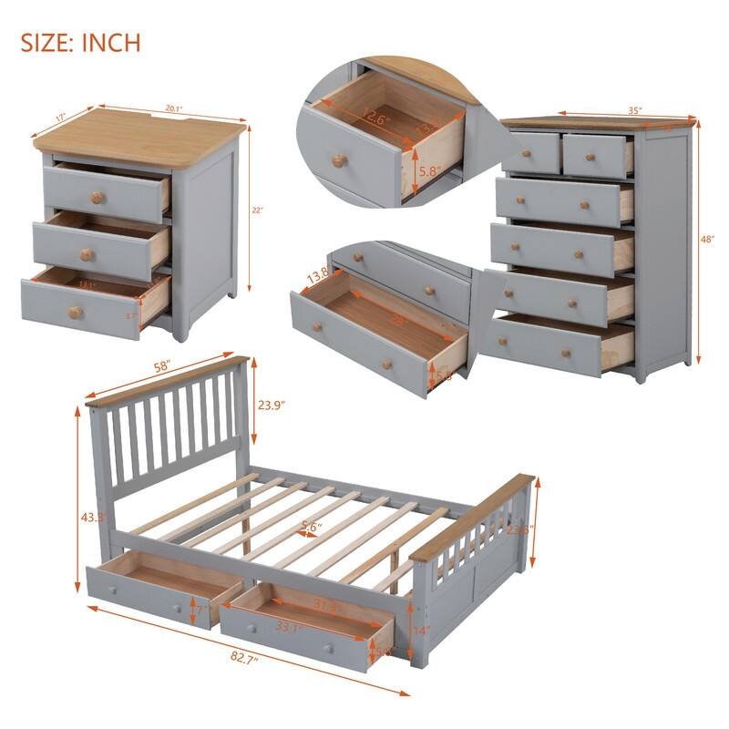 3-Pieces/1-Piece Bedroom Sets Full/Queen Size Platform Bed with Nightstand(USB Charging Ports) and 6-Drawer Storage Chest
