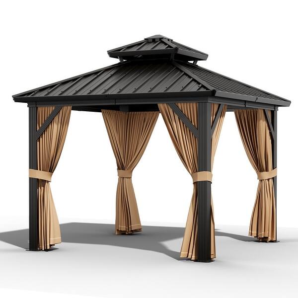10'x10' Metal Roof Hardtop Gazebo for Patio with Netting and Curtains