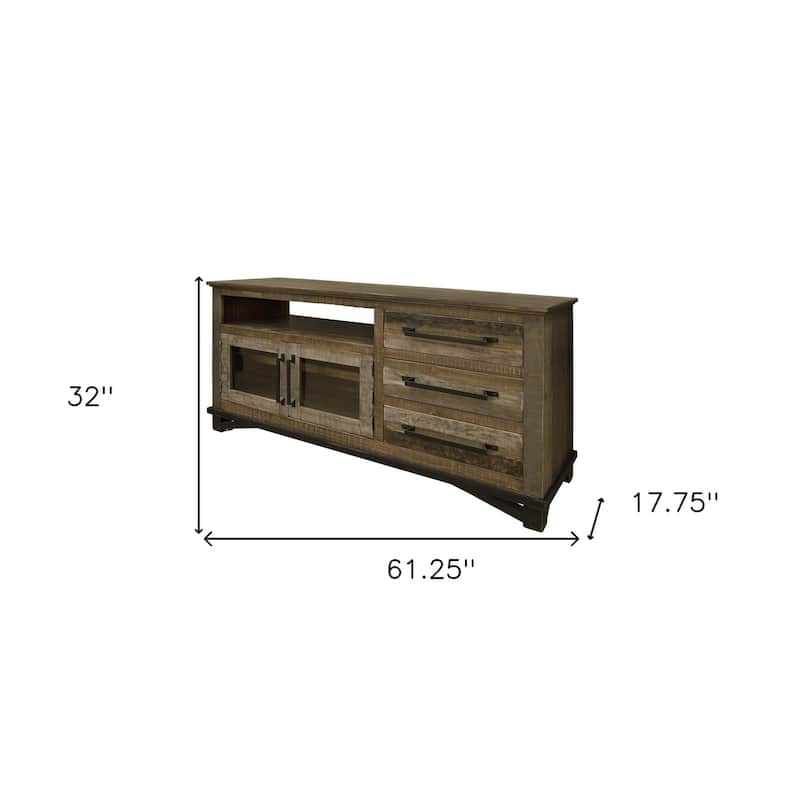 HomeRoots 61" Brown Solid Wood Cabinet Enclosed Storage Distressed TV Stand - 61.25' X '32' X '17.75