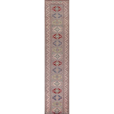 Grey Geometric Kazak Oriental Runner Rug Handmade Wool Carpet - 2'8" x 20'0"