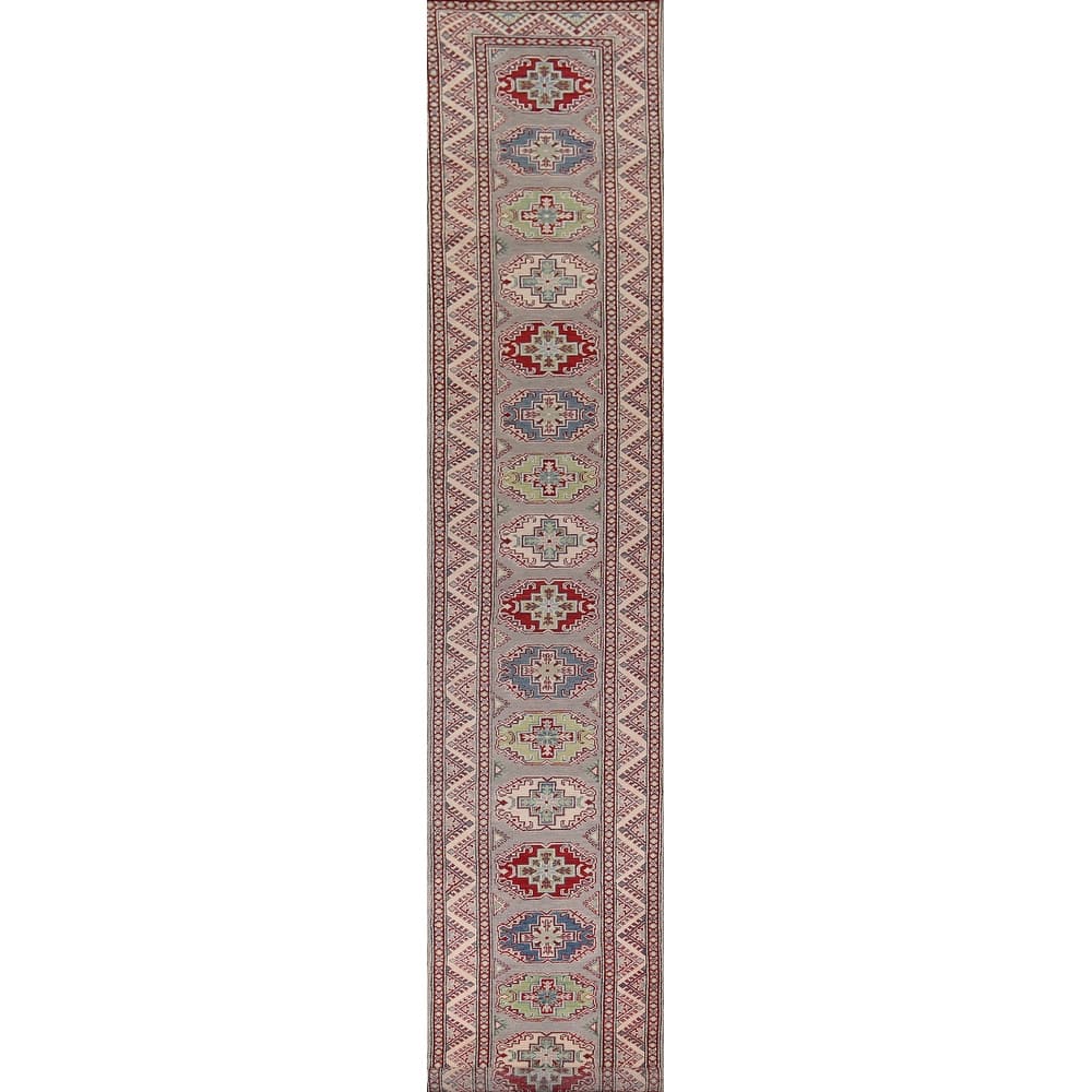 Grey Geometric Kazak Oriental Runner Rug Handmade Wool Carpet - 2'8" x 20'0"