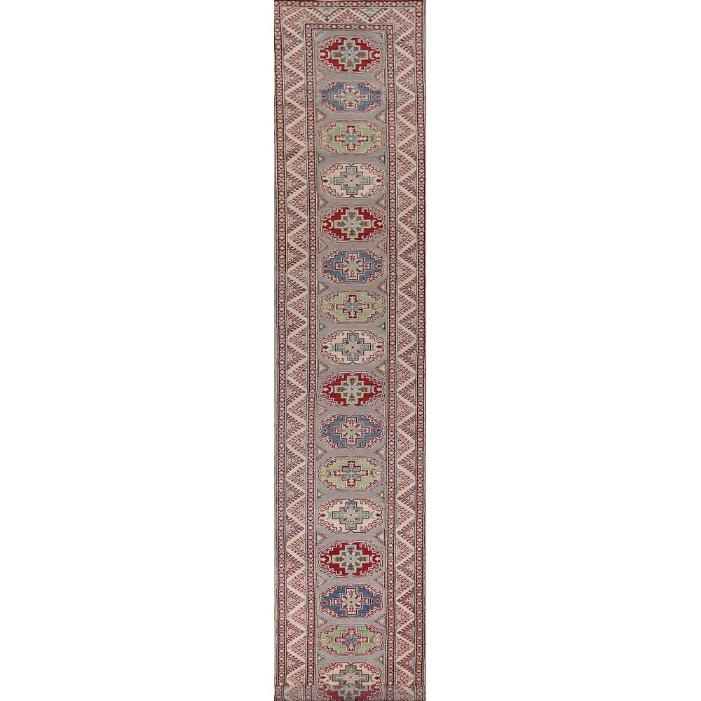 Grey Geometric Kazak Oriental Runner Rug Handmade Wool Carpet - 2'8" x 20'0"