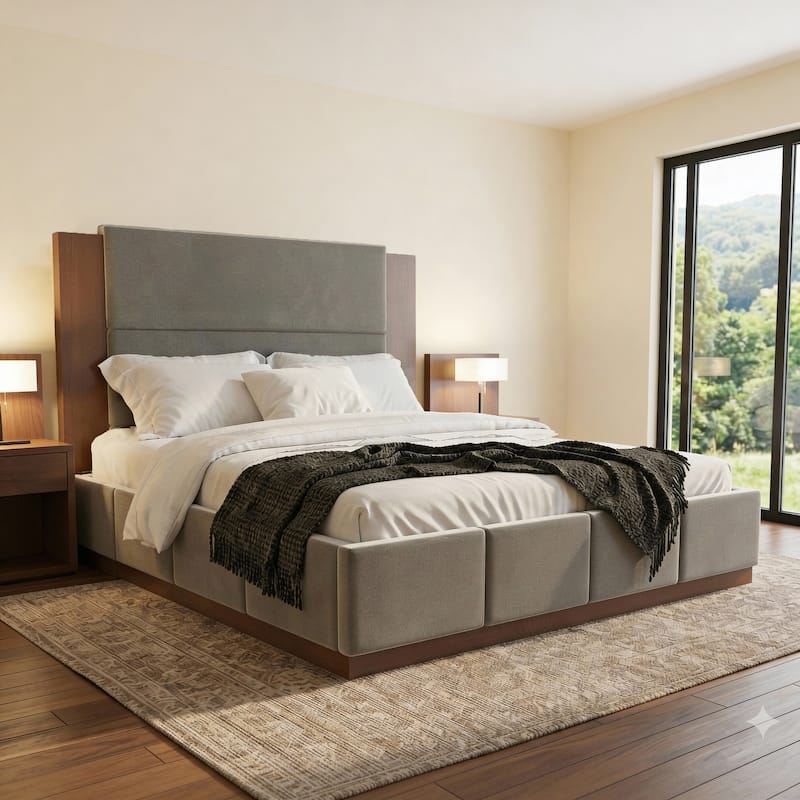 Upholstered Bed Low Profile Platform Bed Modern Wood Base Grounded Bed with Extended Wood Headboard and Upholstered Wingback